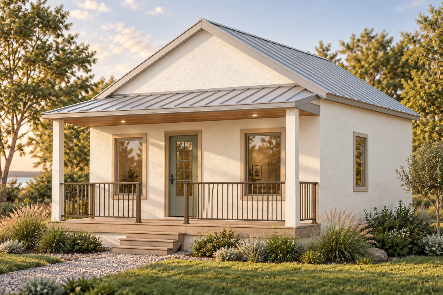 White cottage with a metal roof and welcoming front porch, surrounded by landscaping in warm evening light